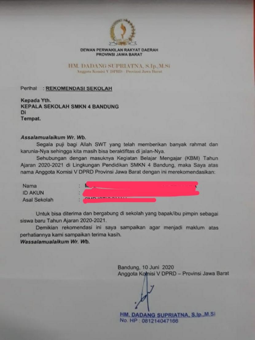 Surat rekomendasi anggota DPRD Jabar Dadang Supriatna berisi meminta seorang siswa diterima di SMKN 4 Bandung dalam proses PPDB.