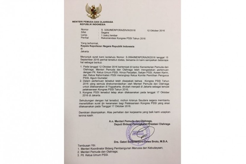 Surat terbaru dari Kemenpora kepada Mabes Polri tentang lokasi penyelenggaraan Kongres PSSI 2016 di Jakarta.