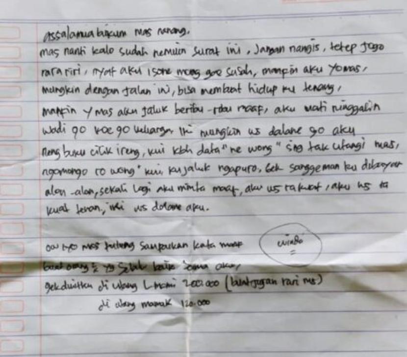 Surat wasiat W (38 tahun) korban pinjol ilegal di Desa Selomarto, Kecamatan Giriwoyo, Kabupaten Wonogiri, Jawa Tengah, yang viral.