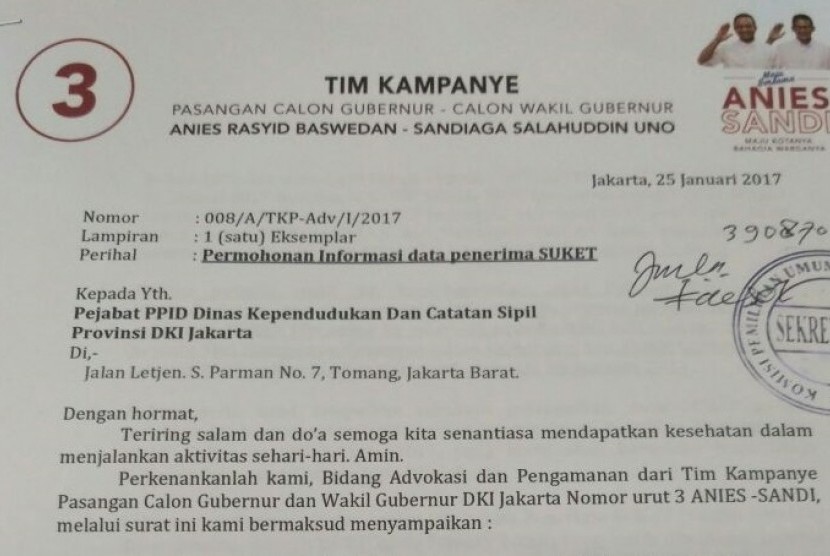 Surat yang dilayangkan Tim Pemenangan Anies-Sandi kepada Dinas Kependudukan dan Catatan Sipil (Dukcapil) DKI Jakarta.