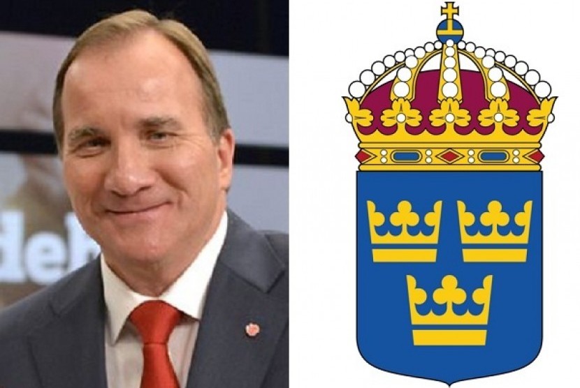 Sweden's new Prime Minister Stefan Loefven (left) and Lesser Coat of Arms of Sweden. (file)