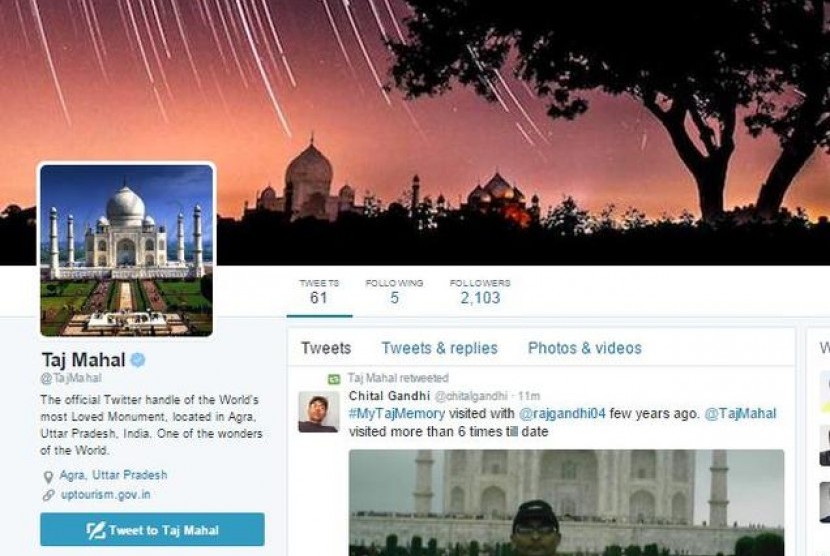 Taj Mahal menjadi salah satu monumen bersejarah di dunia yang memiliki akun Twitter sendiri pada Sabtu (15/8).