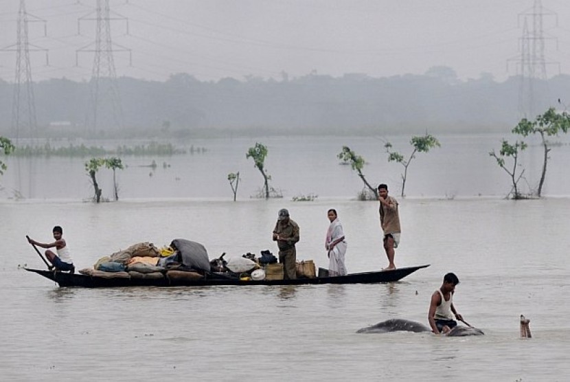 Tampak warga India menggiring gajah untuk mencari kawasan lebih tinggi. India hampir setiap tahun dilanda banjir akibat hujan monsun