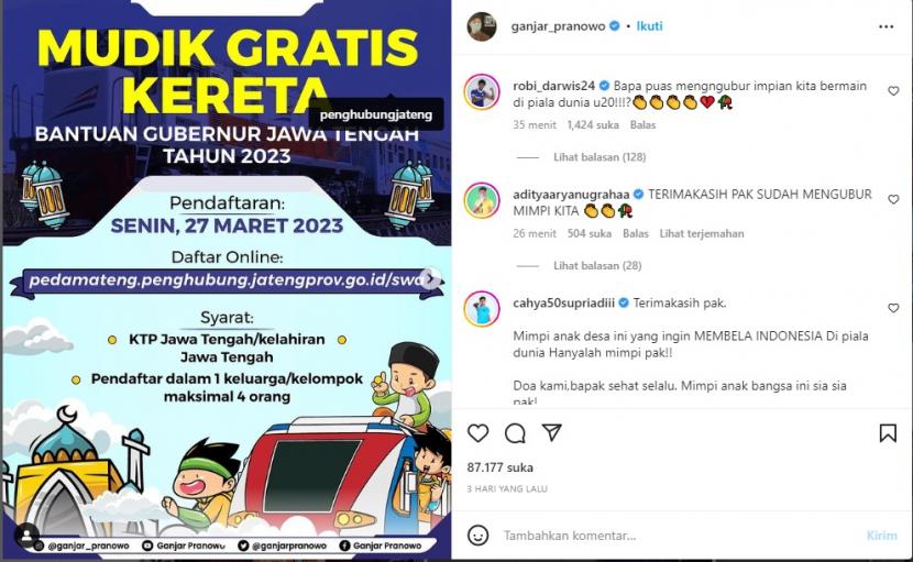 Tampilan akun Instagram Ganjar Pranowo yang diserbu warganet, beberapa diantaranya pemain Timnas Indonesia U-20, yang merasa kecewa karena Piala Dunia U-20 batal digelar di Indonesia.