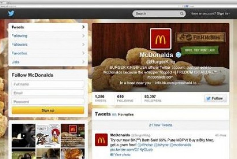 Tampilan akun Twitter milik Burger King sesaat sebelum dimatikan, menunjukkan ulah para hacker.