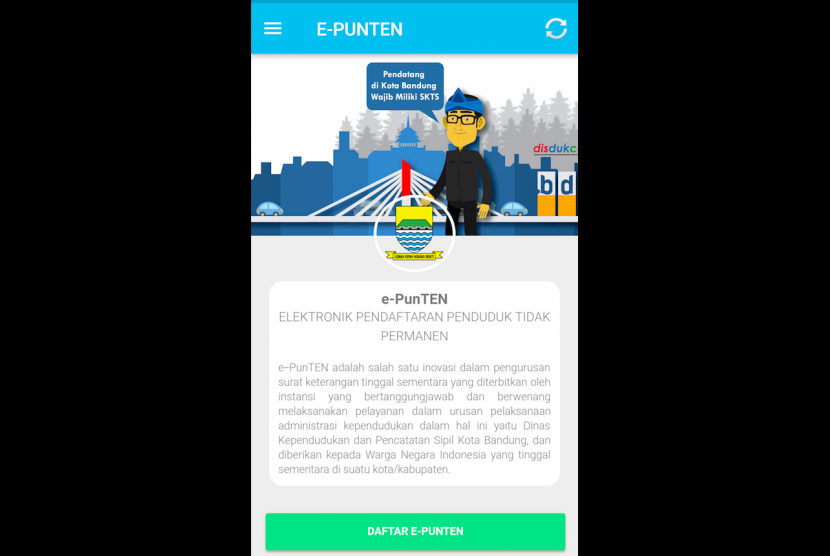 Tampilan halaman muka aplikasi e-punten untuk pendatang di Kota Bandung, Jawa Barat.