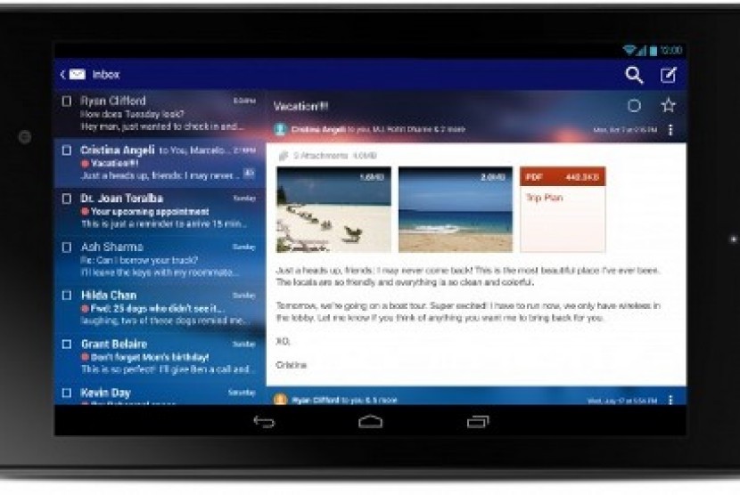 Tampilan percapakan dan inbox Yahoo dalam smartphone Nexus berbasis Android.