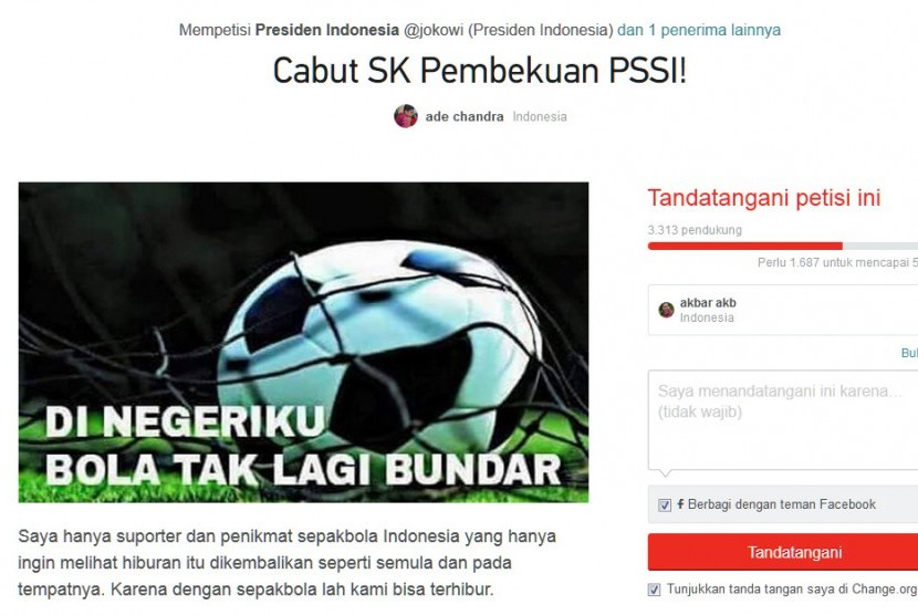 Tampilan petisi berjudul Cabut SK Pembekuan PSSI! yang dibuat pemilik akun Ade Chandra di laman Change.org