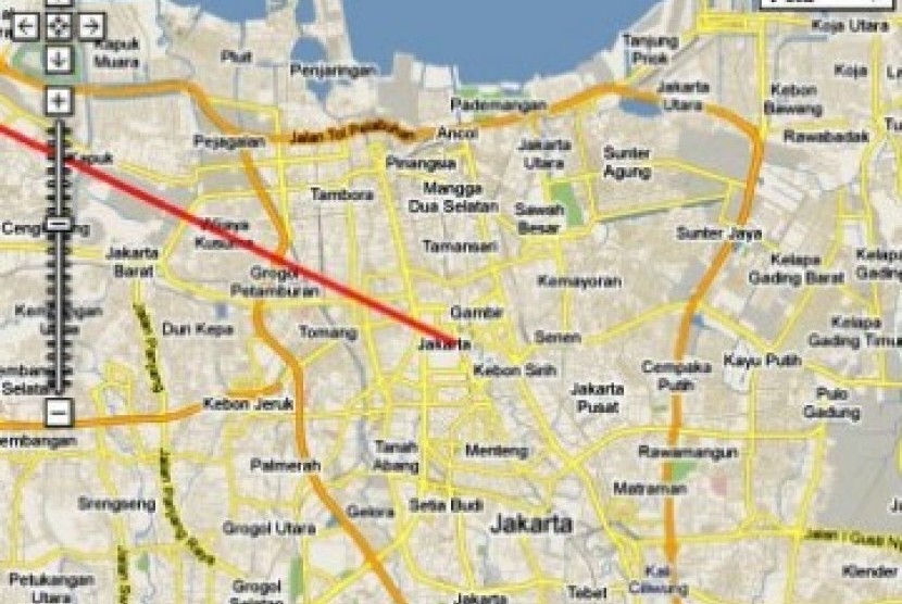 Tampilan Qibla Locator dengan garis merah sebagai penanda arah kiblat