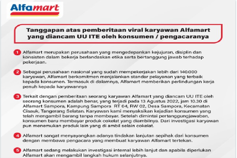 Tanggapan Alfamart atas kejadian viral karyawan mendapat ancaman hukum konsumen