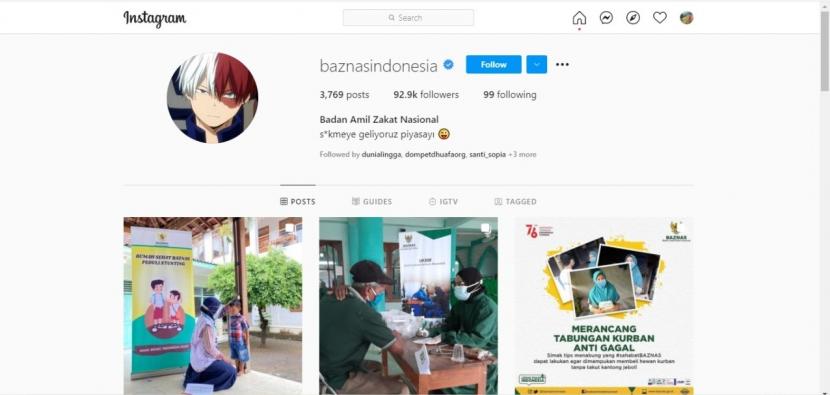 Akun Instagram Baznas Diretas, Diganti Gambar Anime. Tangkapan layar akun Instagram Baznas yang diretas.