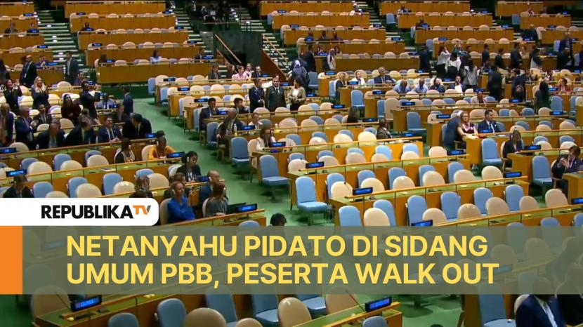 Tangkapan layar banyak peserta walk out saat Netanyahu berpidato di sidang majelis umum PBB.