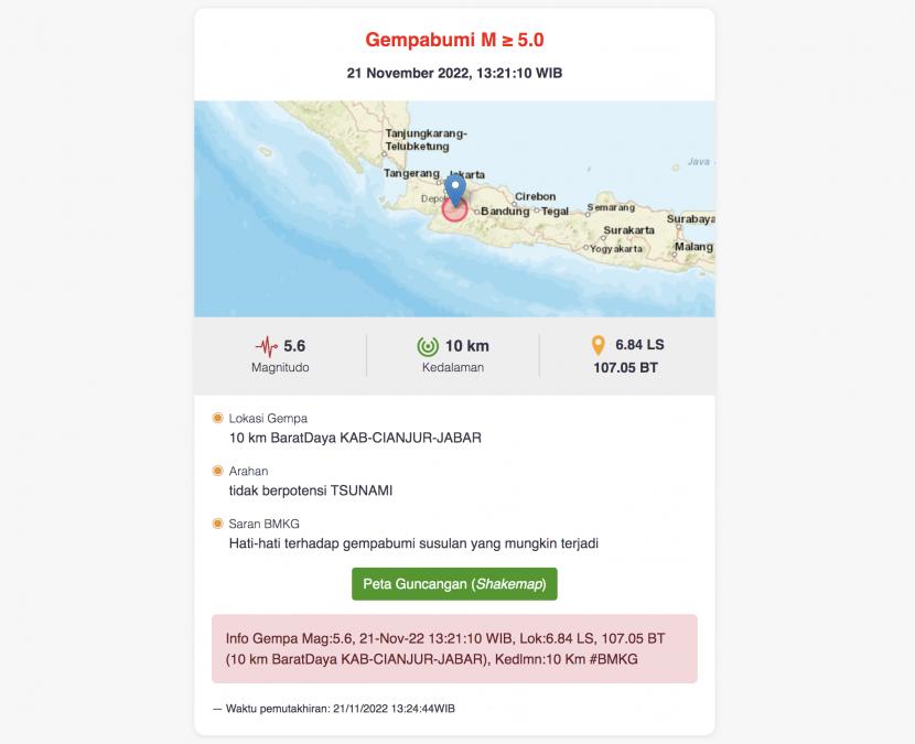 Tangkapan layar BMKG saat gempa bumi di Kabupaten Cianjur, Jawa Barat.