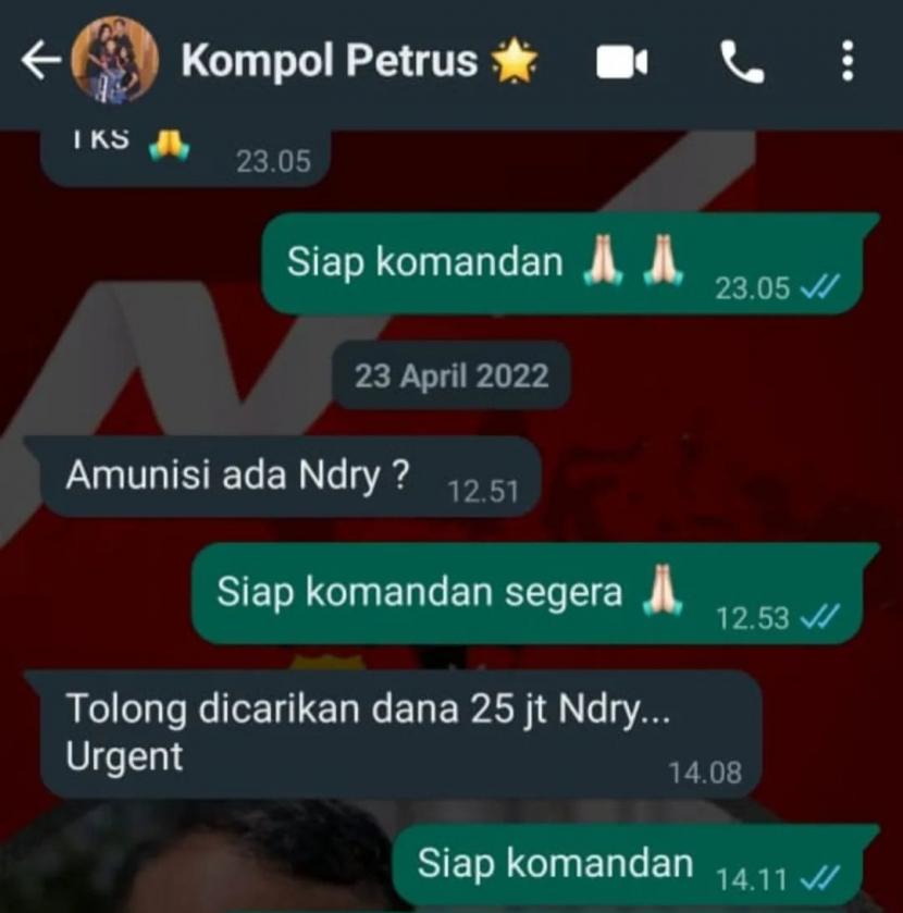 Tangkapan layar Bripka Andry Wirawan kepada Danyon B Pelopor Satuan Brimob Polda Riau Kompol Petrus Hottiner Sima. 