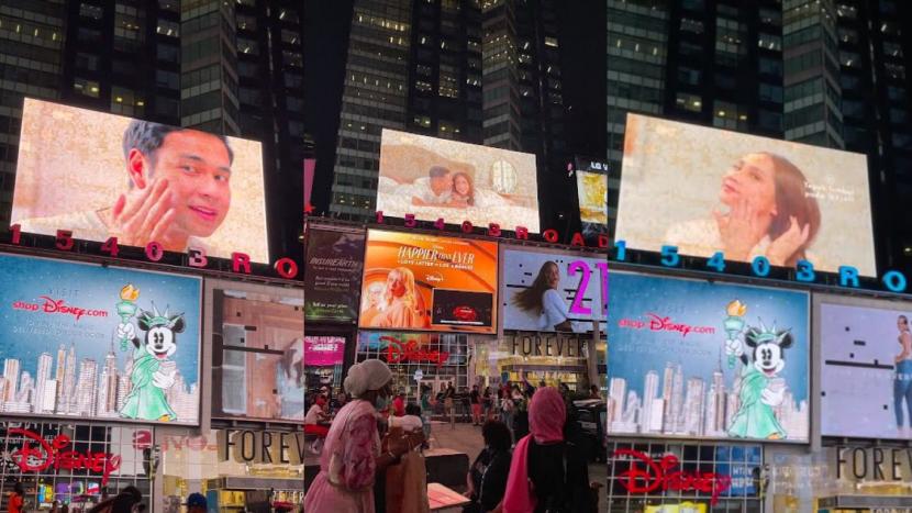 Tangkapan layar dari video munculnya Raffi dan Nagita di Times Square New York (TSN), Amerika Serikat.
