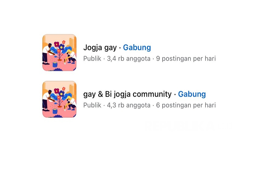 Tangkapan layar di media sosial Facebook yang menampilkan maraknya grup LGBT di Yogyakarta.