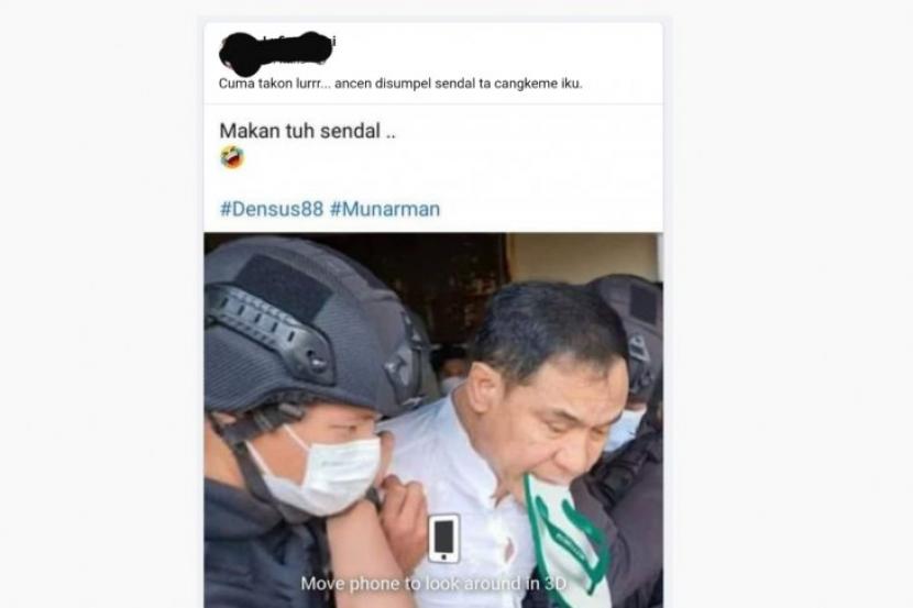 Tangkapan layar foto hoaks Munarman disumpal sandal saat penangkapan oleh Tim Densus 88 Mabes Polri. (Facebook)
