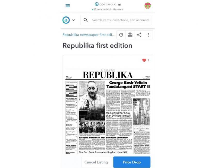 Tangkapan layar gambar digital edisi perdana Republika yang ditawarkan dalam bentuk NFT di Opensea.