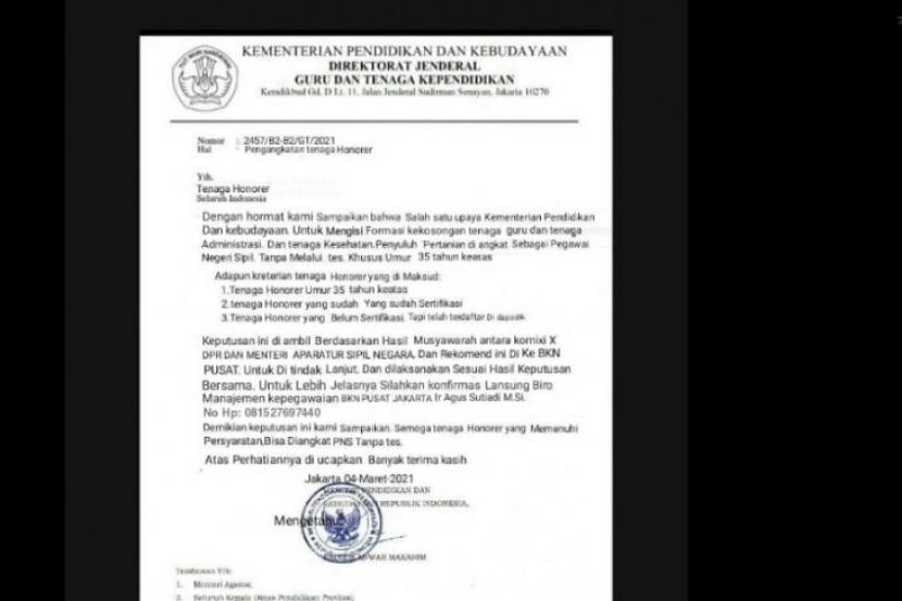 Tangkapan layar hoaks narasi surat pengangkatan pegawai honorer menjadi PNS tanpa tes  