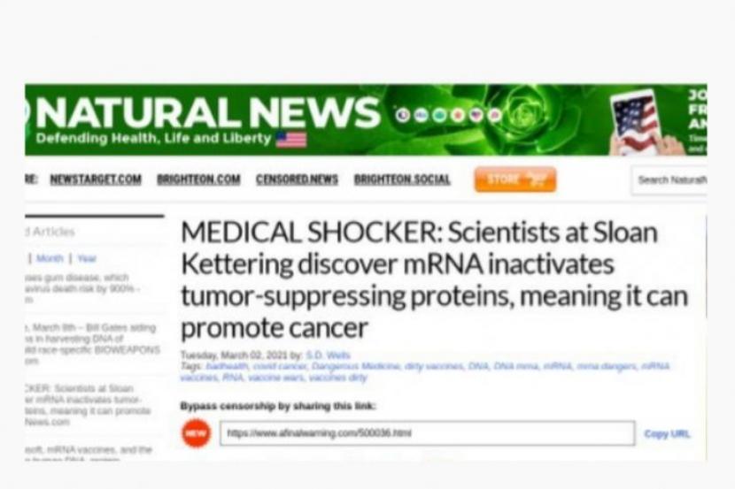 Tangkapan layar hoaks soal vaksin mRna dapat memicu kanker. (Natural News)