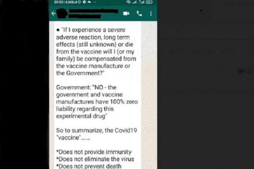 Tangkapan layar hoaks terkait pemberian kompensasi COVID-19 (WhatsApp)