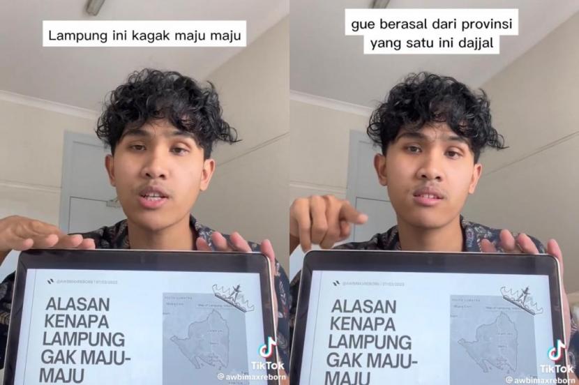 Tangkapan layar konten Tiktoker Bima Yudho Saputro tentang Provinsi Lampung. Di unggahan terbaru, Bima menyampaikan pesan orang tuanya kepada dirinya. (ilustrasi)