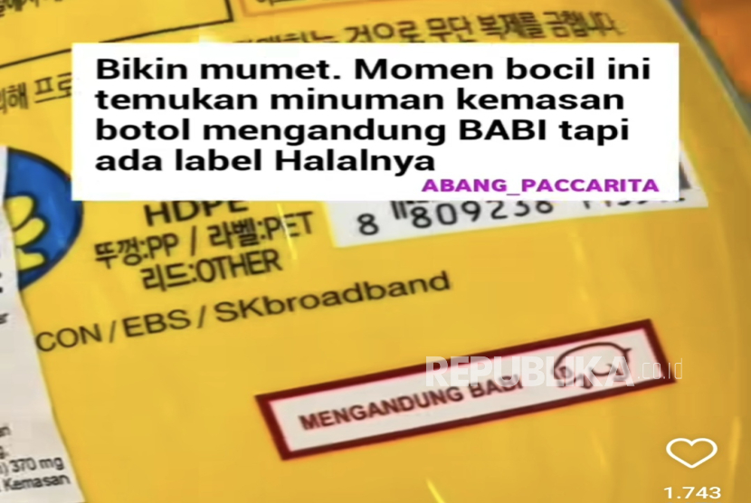 Tangkapan layar minuman kemasan berlogo halal non BPJPH dan MUI mengandung babi.
