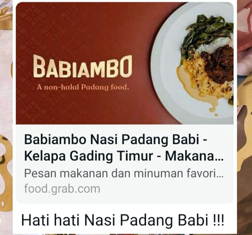Tangkapan layar pesan Whatsapp yang mengabarkan keberadaan restoran Babiambo yang menjual nasi padang babi di Kelapa Gading, Jakarta Utara. Muhammadiyah Sumbar dukung kepolisian usut Restoran Babiambo  