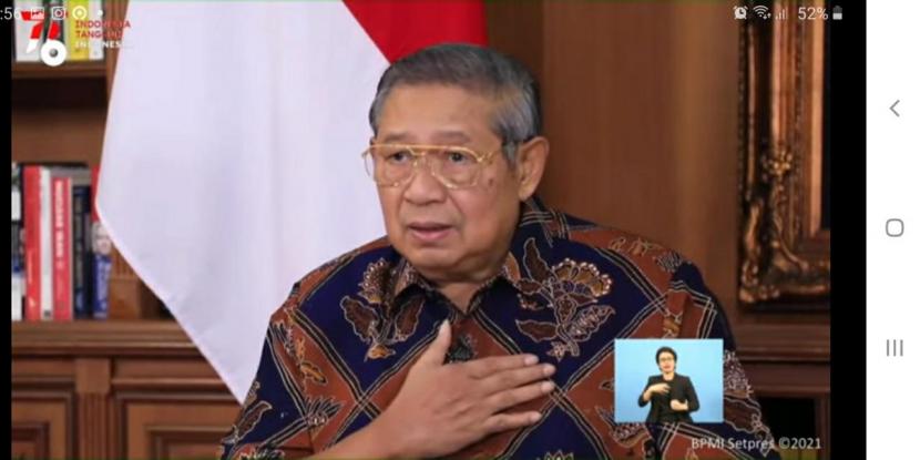 Tangkapan layar Presiden keenam RI Susilo Bambang Yudhoyono saat memberikan pesan peringatan HUT Kemerdekaan RI ke-76 melalui video, Selasa (17/8).