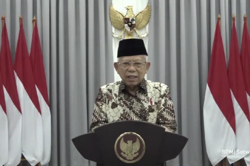 Tangkapan layar saat Wakil Presiden Maruf Amin meluncurkan perdana Tabungan Perumahan Rakyat (Tapera) Syariah di Pemerintah Provinsi Aceh secara daring, Selasa (23/8).