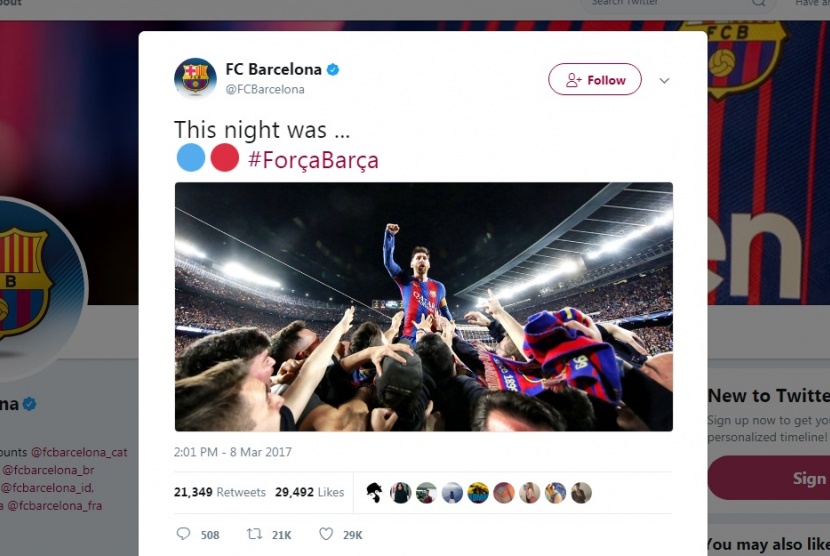 Tangkapan layar (screen capture) akun Twitter Barcelona, @fcbarcelona.