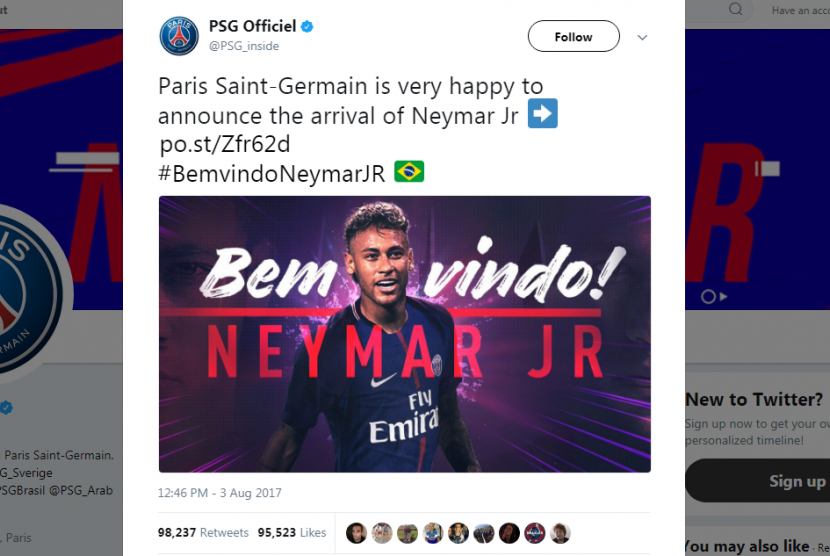 Tangkapan layar (screen capture) akun Twitter Paris Saint-Germain, @PSG_inside. PSG mengumumkan perekrutan Neymar dari Barcelona.