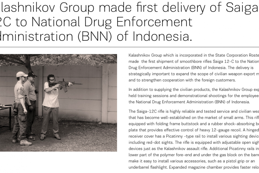 Tangkapan layar (screen capture) pengumuman Kalaishnakov terkait pengiriman senjata untuk BNN Indonesia.