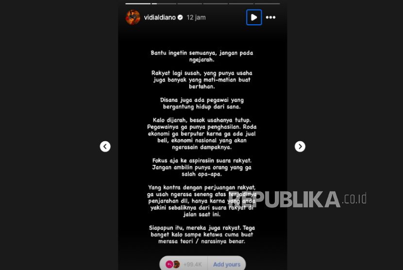 Vidi Aldiano Hingga Bintang Emon Minta Setop Menjarah, Tindakan Anarkis Harus Dihentikan