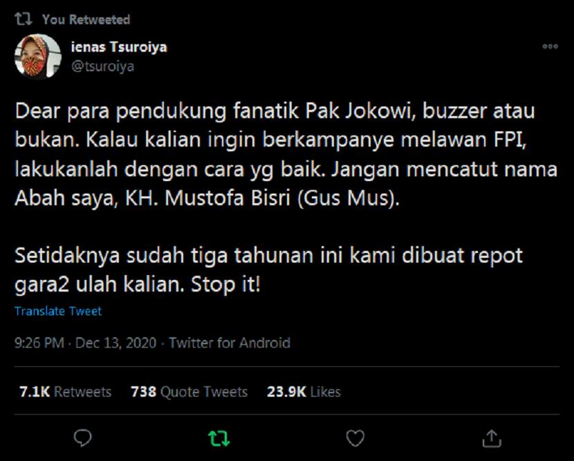 Tangkapan layar tweet Anak dari Ulama Indonesia K.H. Mustofa Bisri atau Gus Mus, Ienas Tsuroiya 