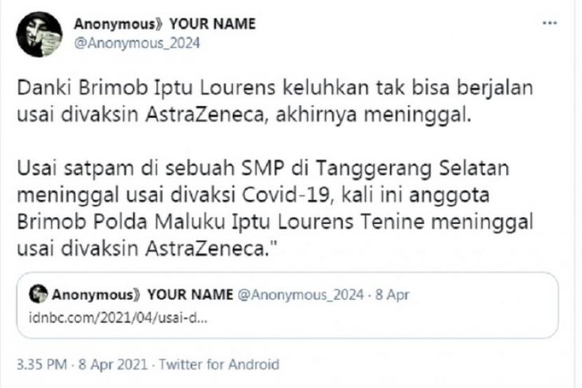 Tangkapan layar unggahan hoaks yang menyatakan anggota Brimob Maluku meninggal usai divaksin AstraZeneca. (Twitter)