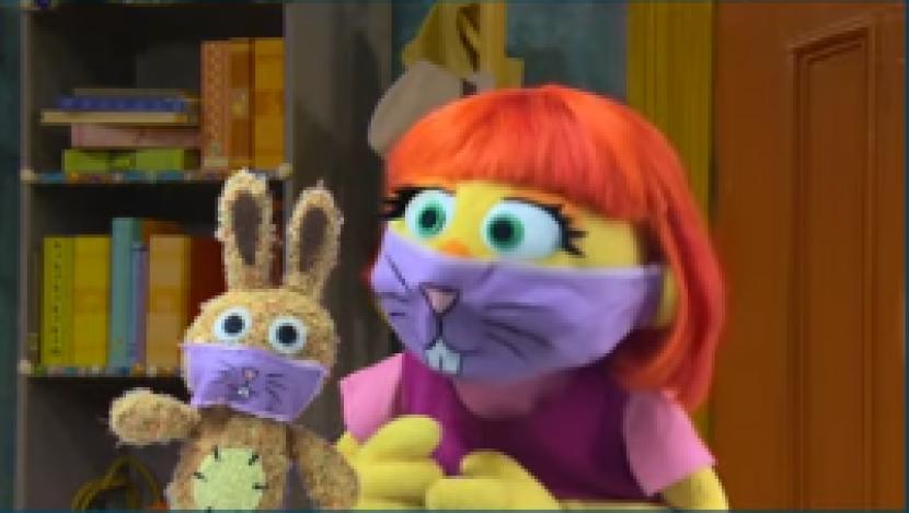 Tangkapan layar video Sesame Street tentang edukasi pemakaian masker untuk anak dengan autisme.