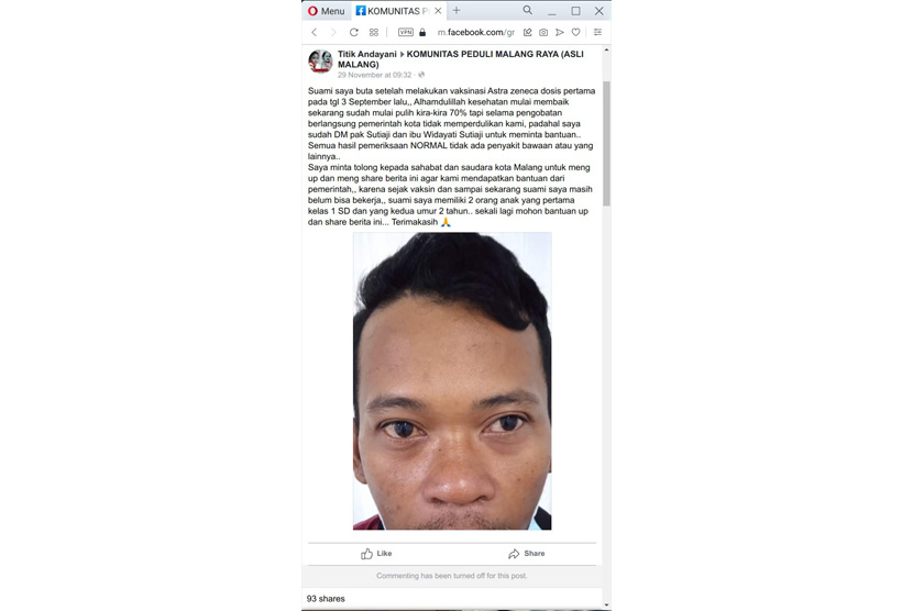 Tangkapan layar warga Kota Malang yang mengaku buta setelah mendapatkan vaksin AstraZeneca. 