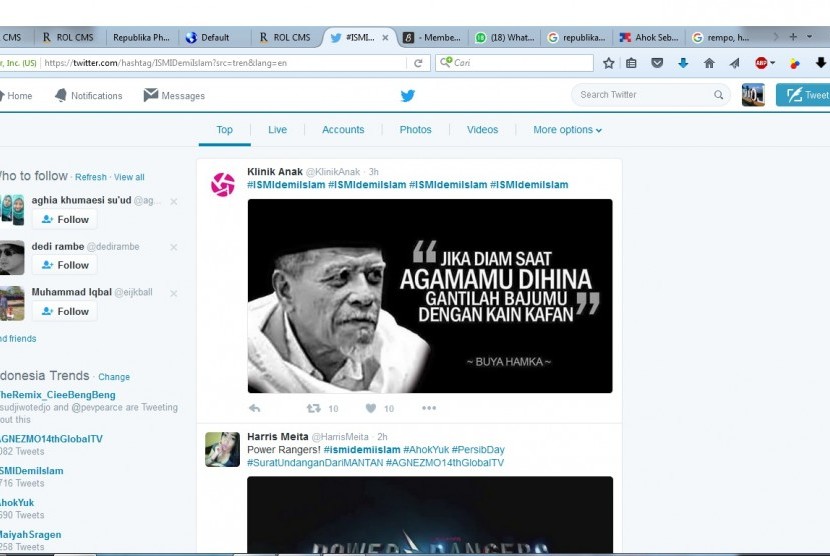 Tashtag #ISMIDemiIslam dan #AhokYuk jadi trending topic di Twitter