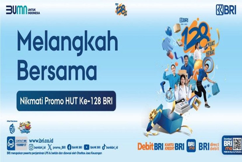 Terus Melangkah Bersama BRI, pada rangkaian HUT ke-128 PT Bank Rakyat Indonesia (Persero) Tbk kembali menghadirkan berbagai promo spesial dan menarik yang bisa dinikmati di berbagai merchant. Mulai dari diskon, potongan, hingga promo harga miring.
