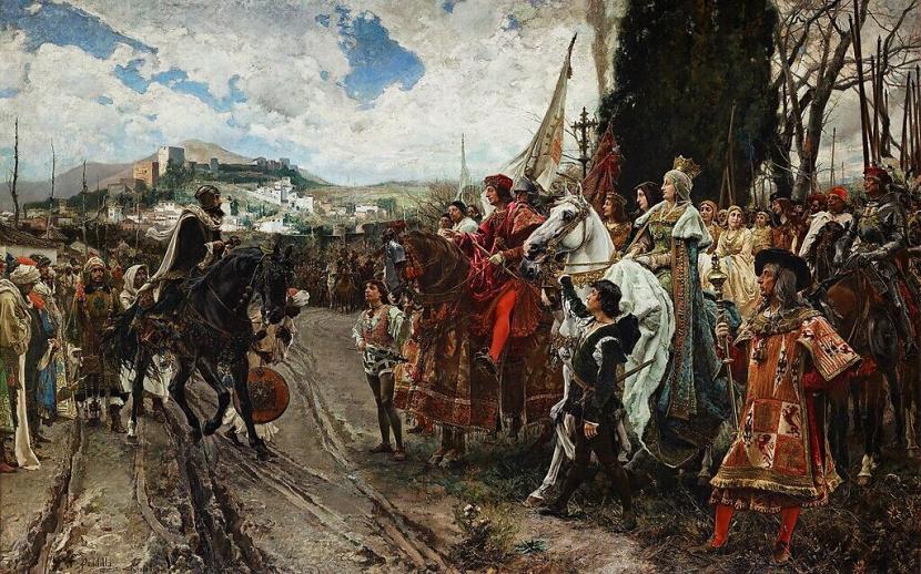 'The Capitulation of Granada' (Muhammad XII menyerah kepada Ferdinand dan Isabella), dilukis oleh Francisco Pradilla y Ortiz, 1882 (Domain publik melalui Wikicommons)