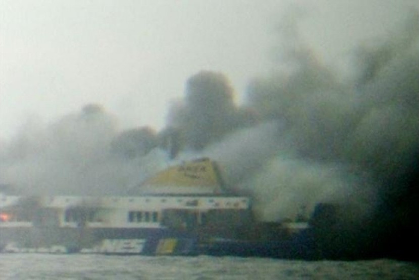 The car ferry Norman Atlantic burns in waters off Greece in this still image from video December 28, 2014.