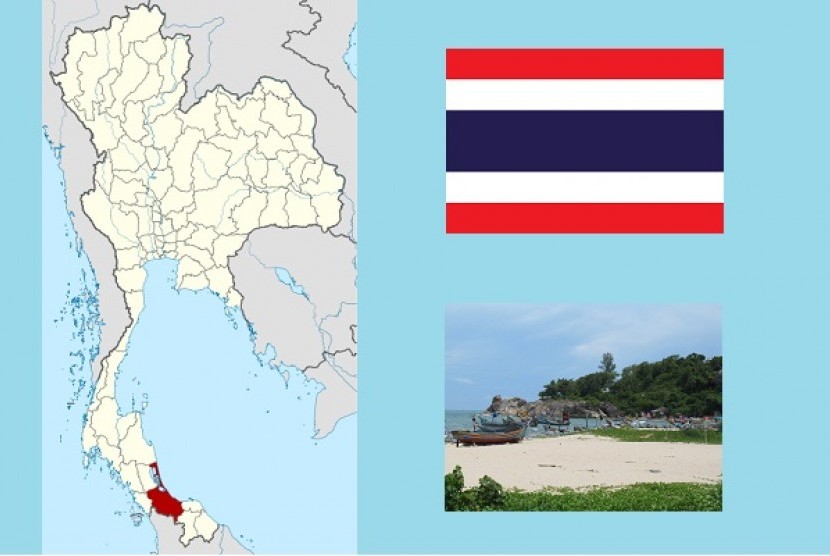 The map of Songkhla province (in red), Thailand's flag, and a fisherman village in Songkhla (illustration)