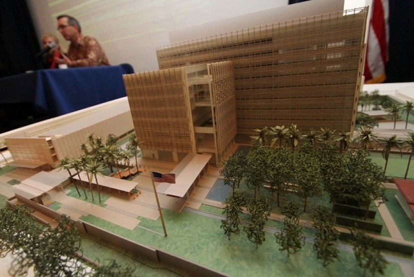 The planned new US embassy building is on display during a pers conference in Jakarta, recently.   