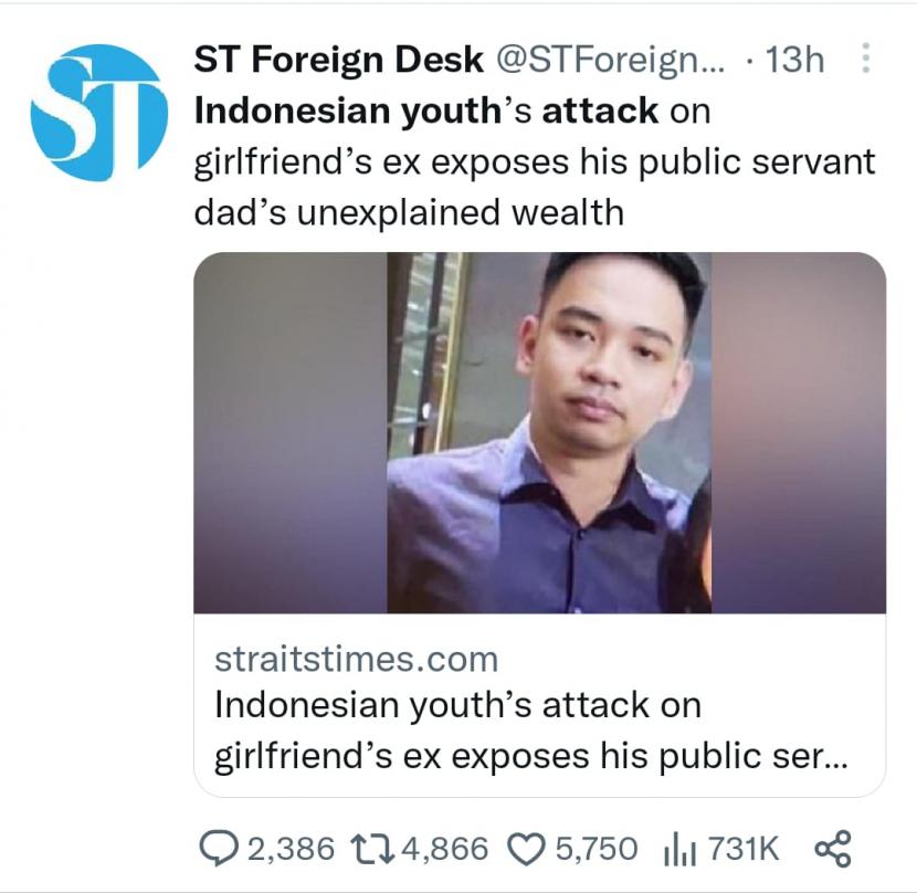 The Straits Times dirisak warganet Indonesia karena memajang foto editan dalam kasus penganiayaan Mario (20 tahun) kepada D (17).