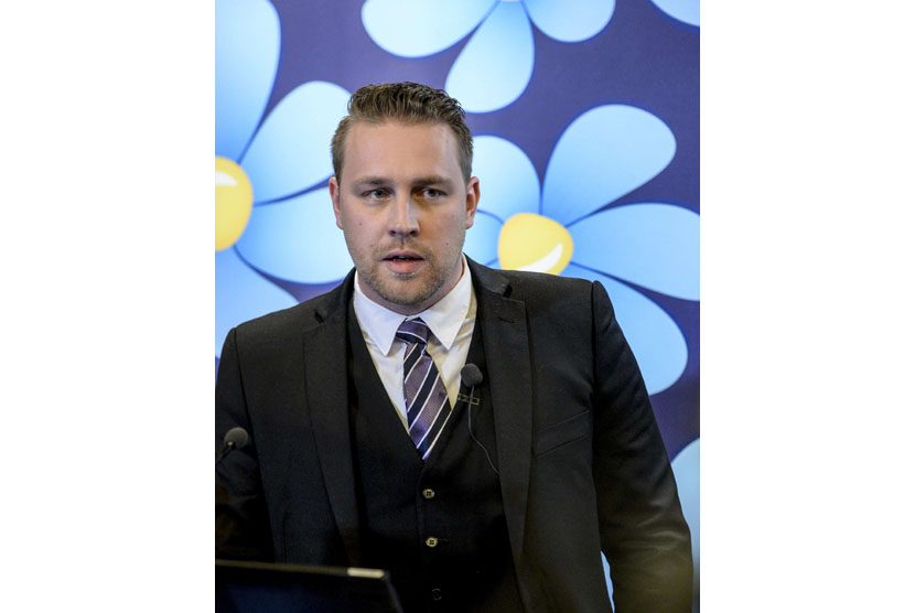 The Sweden Democrat Party's acting leader Mattias Karlsson is seen during a press conference at the house of parliament members in Stockholm, December 2, 2014.