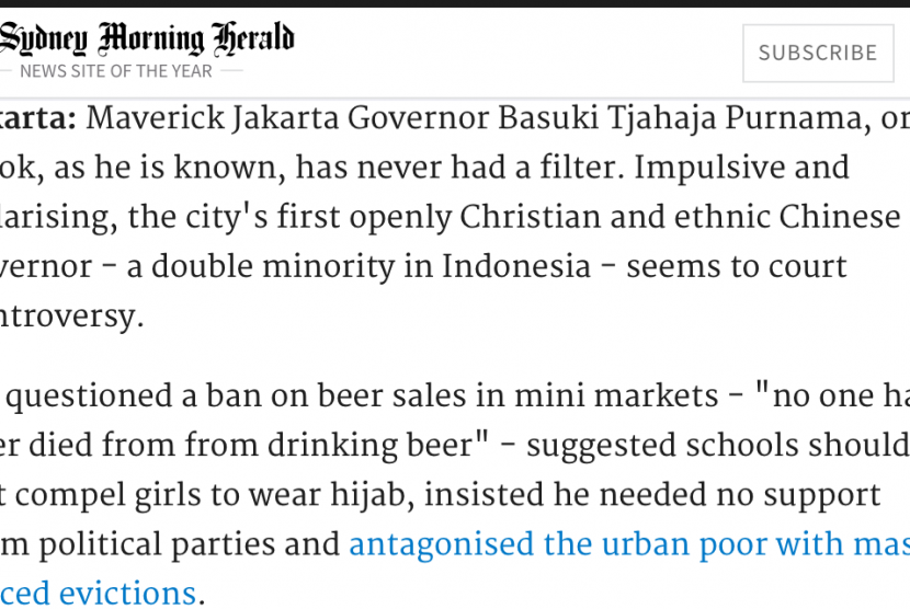 The Sydney Morning Herald featured Jakarta governor on Wednesday (10/19).