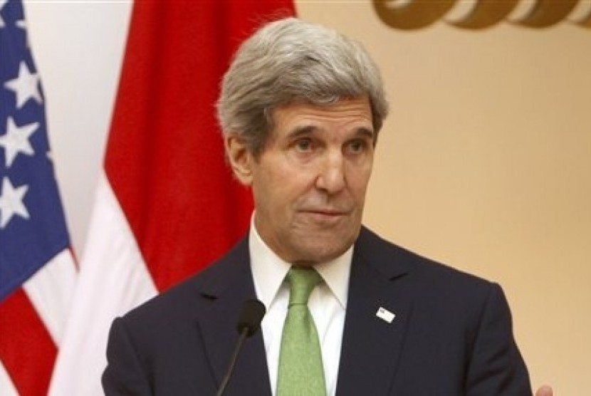 The visiting US Secretary of State John F Kerry talks during a press conference in Jakarta, on Monday.