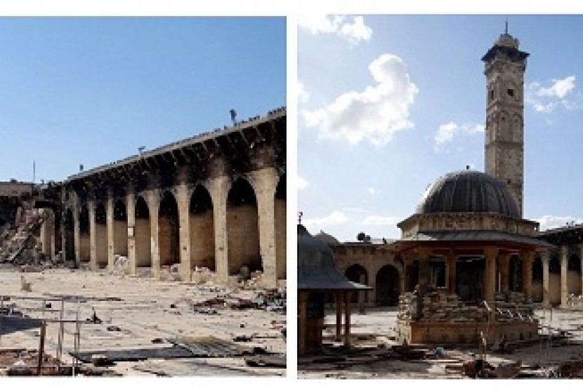 This combination of two citizen journalist images provided by Aleppo Media Center AMC which has been authenticated based on its contents and other AP reporting, shows at left: the damaged famed 12th century Umayyad mosque without the minaret, on Wednesday 