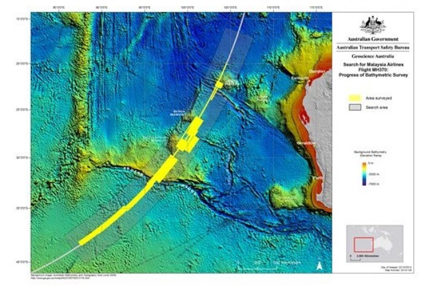 This map provided by The Australian Transport Safety Bureau shows the area surveyed so far which is marked in yellow in the search for the missing Malaysia Airlines Flight 370 in the southern Indian Ocean. 